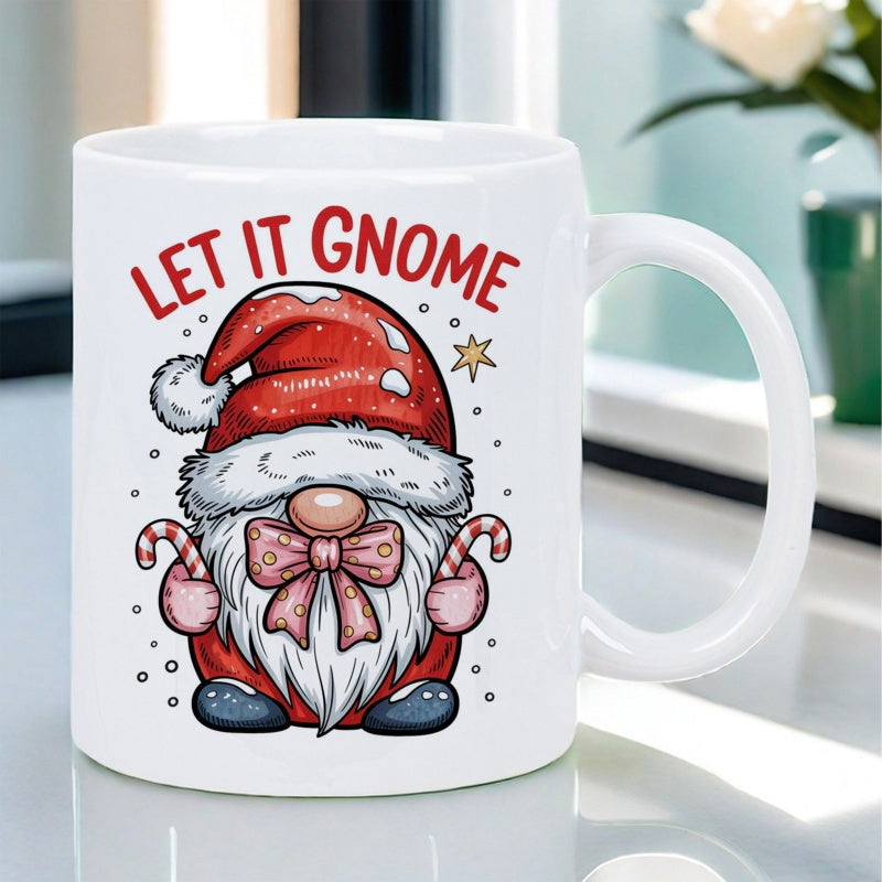 Tailorly White Ceramic 11 oz Mug - Let It Gnome Festive Christmas Character Wearing Red Santa Hat Holding Striped Candy Canes Gnome