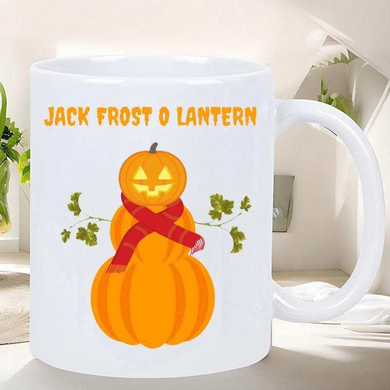 Tailorly White Ceramic 11 oz Mug - Jack Frost O Lantern Whimsical Stacked Orange Pumpkins Wearing Red Scarf With Green Leaves Pumpkin