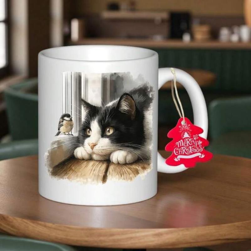 Tailorly White Ceramic 11 oz Mug - Merry Christmas Curious Tuxedo Cat Gazing At Small Bird By The Window Cat