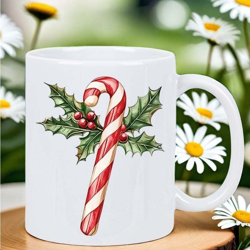 Tailorly White Ceramic 11 oz Mug - Festive Red And White Striped Design Featuring Green Holly Leaves Candy Cane