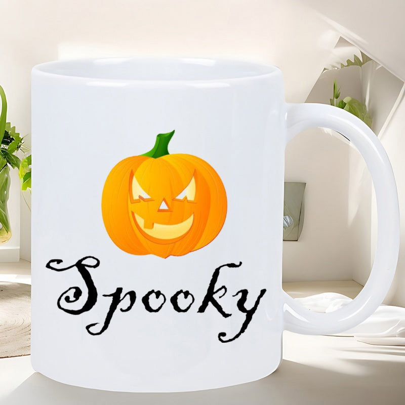 Tailorly White Ceramic 11 oz Mug - Spooky Vibrant Orange Jack O Lantern With A Glowing Carved Face Pumpkin