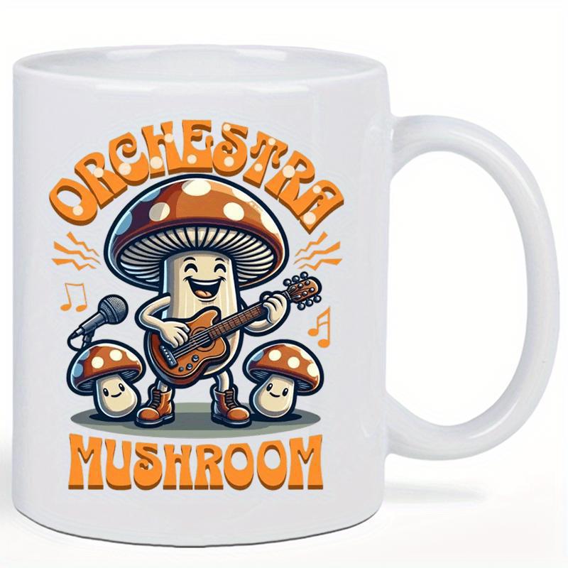 Tailorly White Ceramic 11 oz Mug - Orchestra Mushroom Whimsical Cartoon Characters Performing Music With A Wooden Acoustic Guitar Mushroom