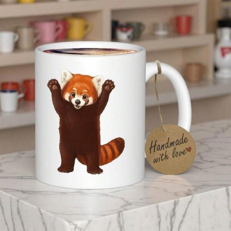 Tailorly White Ceramic 11 oz Mug - Handmade With Love Adorable Furry Standing Animal With Paws Raised Playful Red Panda