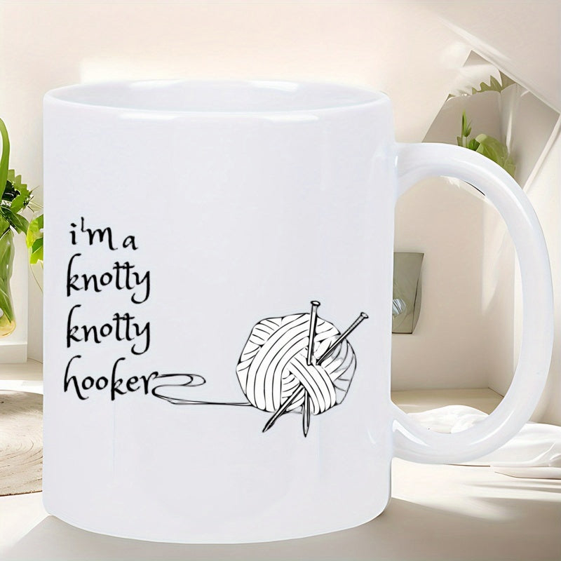 Tailorly White Ceramic 11 oz Mug - Im A Knotty Knotty Hooker Minimalist Hand Drawn Ball Of Yarn With Two Crossing Knitting Needles Yarn