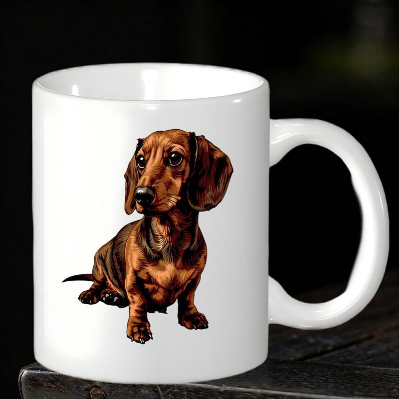 Tailorly White Ceramic 11 oz Mug - Adorable Brown Short Haired Dog Sitting Calmly With Floppy Ears Dachshund
