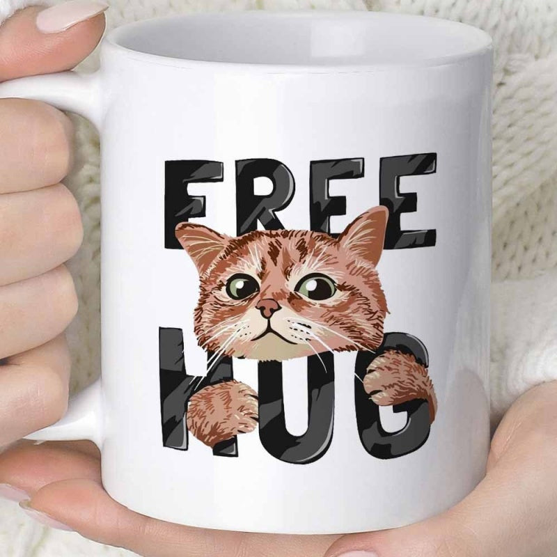 Tailorly White Ceramic 11 oz Mug - Free Hug Adorable Orange Tabby Cat Peeking Through Bold Textured Black Letters Cat