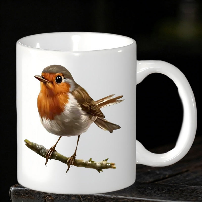 Tailorly White Ceramic 11 oz Mug - Realistic European Bird Perched On A Small Mossy Textured Branch Robin