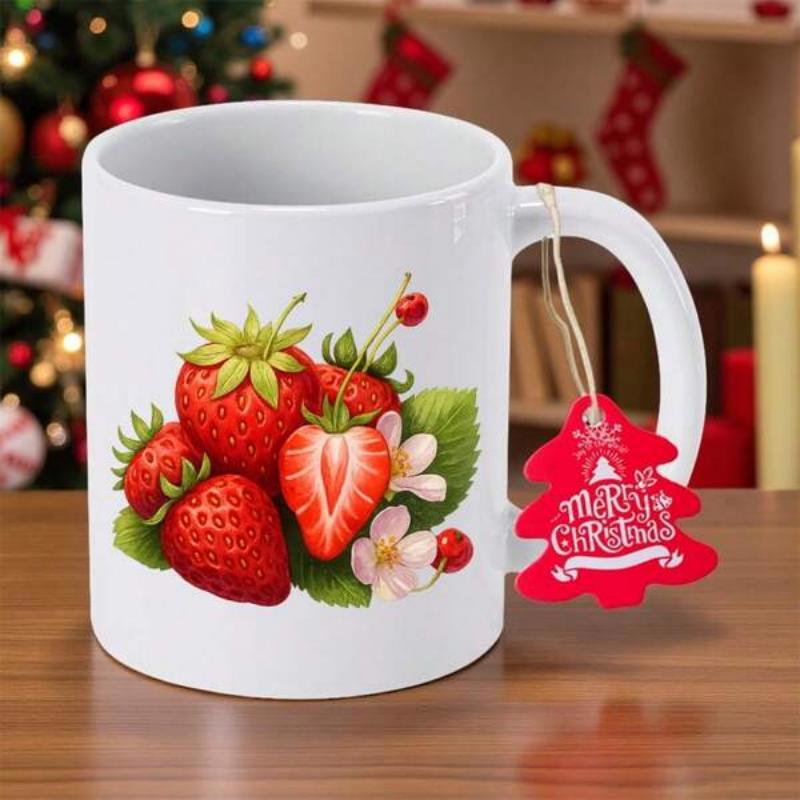 Tailorly White Ceramic 11 oz Mug - Merry Christmas Fresh Vibrant Red Berries With Green Leaves And Delicate White Blossoms Strawberry