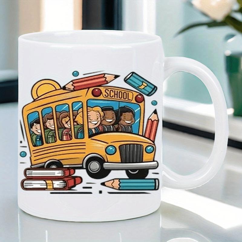 Tailorly White Ceramic 11 oz Mug - School Vibrant Yellow Bus Filled With Happy Children Among Pencils And Books Bus
