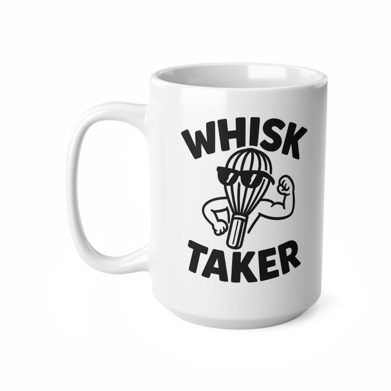 Tailorly White Ceramic 11 oz Mug - Whisk Taker Strong Muscular Kitchen Whisk Wearing Cool Sunglasses Showing Off Bicep Power Whisk