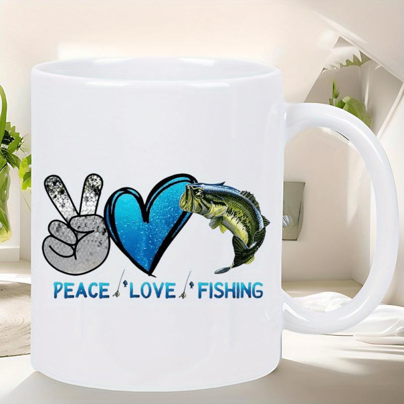 Tailorly White Ceramic 11 oz Mug - Peace Love Fishing Vibrant Blue Heart Combined With A Jumping Bass And Peace Hand Bass