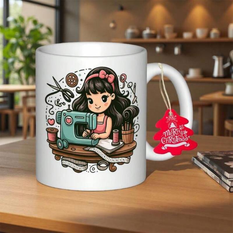 Tailorly White Ceramic 11 oz Mug - Cute Cartoon Girl Crafting Handmade Garments Using Vintage Sewing Machine Girl
