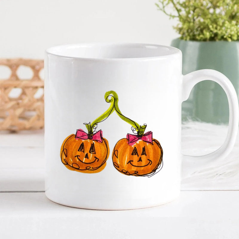 Tailorly White Ceramic 11 oz Mug - Artistic Pair Of Smiling Halloween Jack O Lanterns Joined Like Cherries Pumpkin
