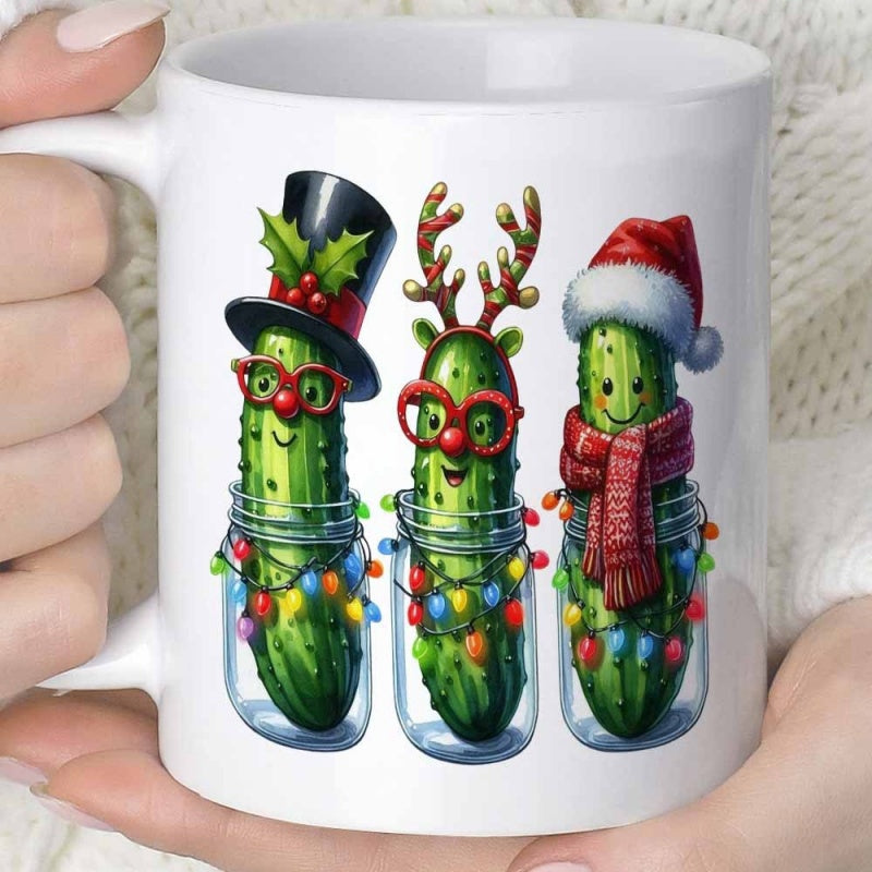 Tailorly White Ceramic 11 oz Mug - Three Festive Christmas Characters Inside Glass Jars Wrapped In Glowing Colorful Lights Pickle