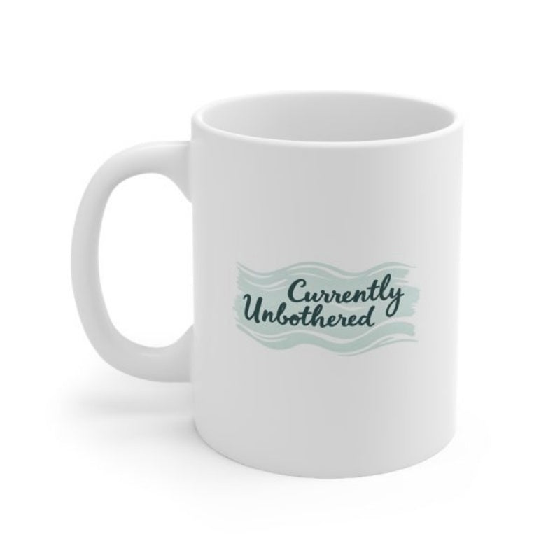 Tailorly White Ceramic 11 oz Mug - Currently Unbothered Flowing Soft Pastel Wavy Lines Behind Stylish Cursive Handwritten Typography Mug