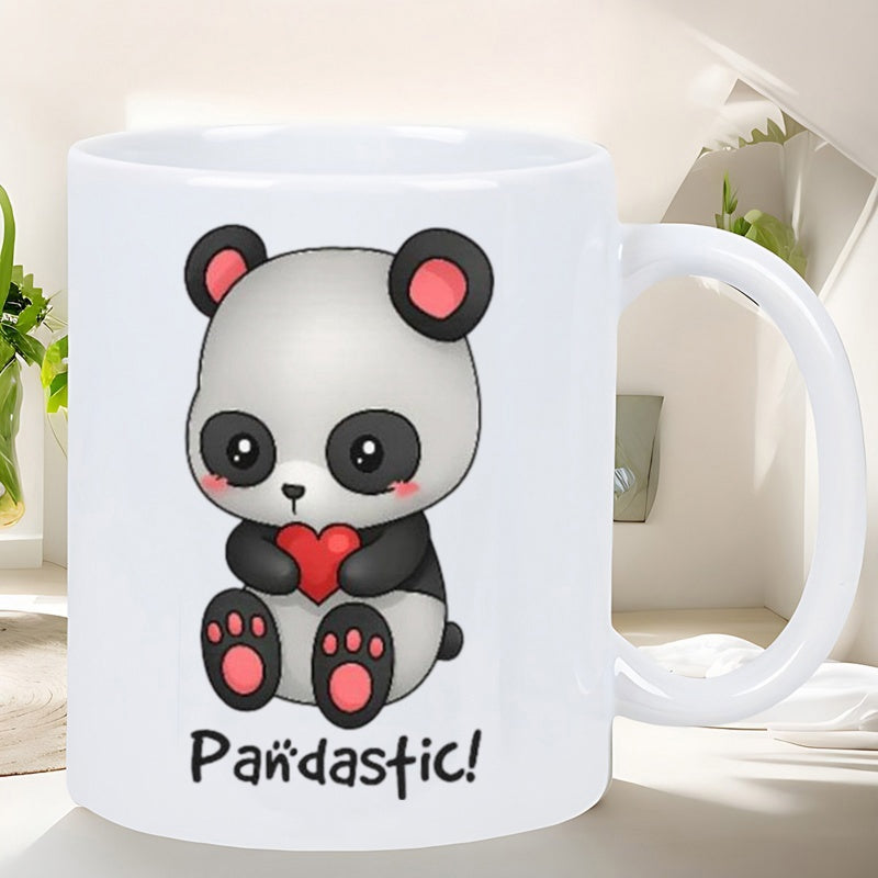 Tailorly White Ceramic 11 oz Mug - Pandastic Adorable Chibi Style Sitting Animal Holding Vibrant Red Heart Panda