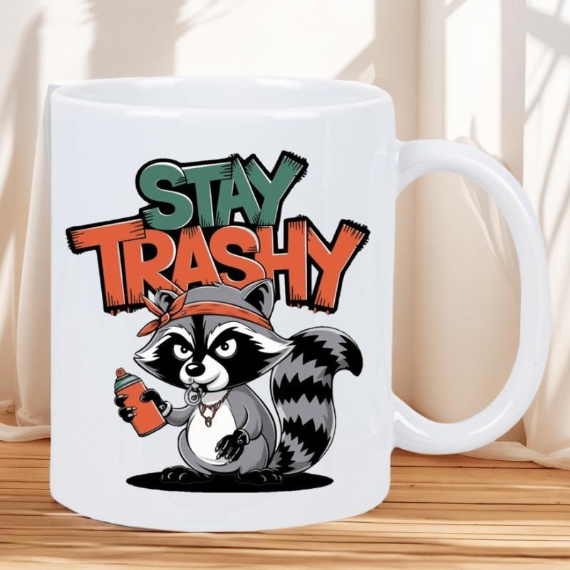 Tailorly White Ceramic 11 oz Mug - Stay Trashy Cool Cartoon Wearing Red Bandana Holding Spray Paint Can Raccoon