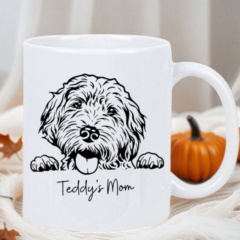 Tailorly White Ceramic 11 oz Mug - Teddy's Mom Minimalist Black Line Art Sketch Of A Fluffy Peeking Pet Dog