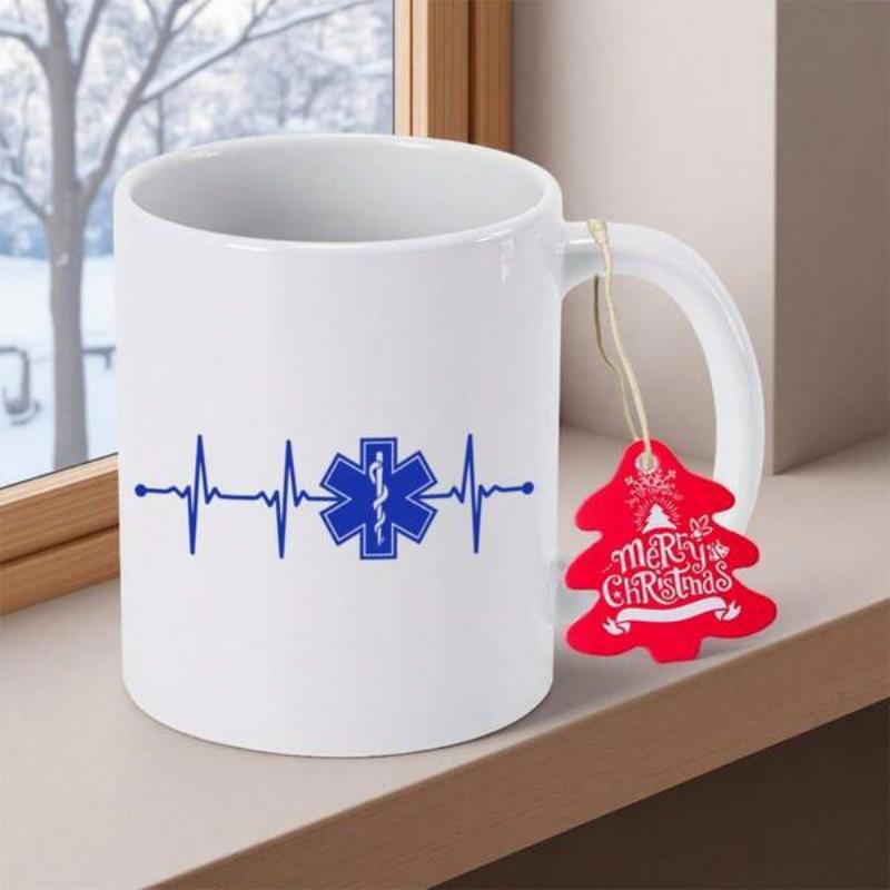 Tailorly White Ceramic 11 oz Mug - Blue Electrocardiogram Line With Medical Star Of Life Symbol For Paramedics Heartbeat