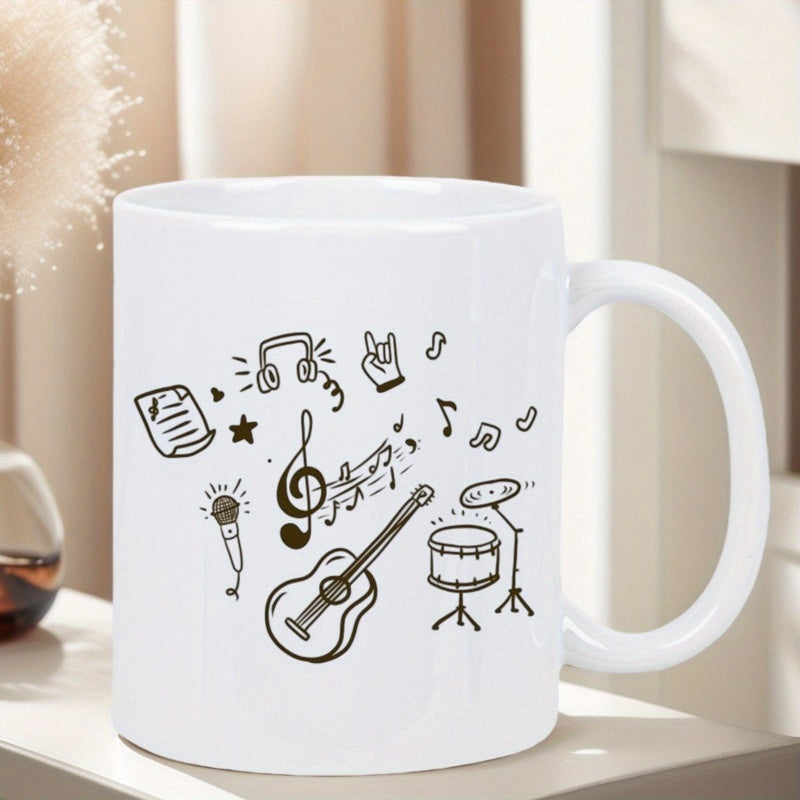 Tailorly White Ceramic 11 oz Mug - Artistic Hand Drawn Guitar And Drums Among Floating Musical Notes Musical Instruments