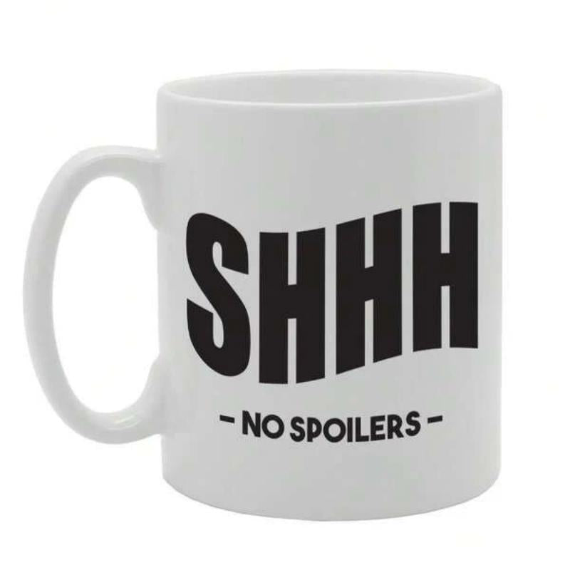 Tailorly White Ceramic 11 oz Mug - Shhh No Spoilers Minimalist White Ceramic Vessel Featuring Bold Black Block Typography Printed On Surface Mug
