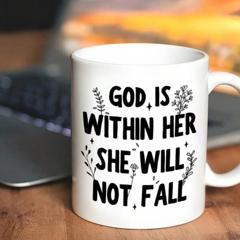 Tailorly White Ceramic 11 oz Mug - God Is Within Her She Will Not Fall Minimalist Black Botanical Flowers And Small Stars Decorating The Surface Mug