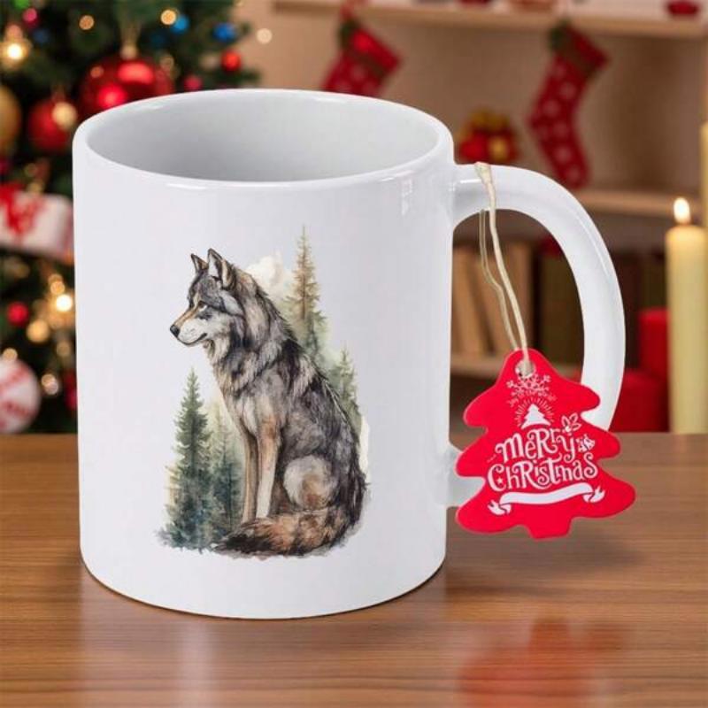 Tailorly White Ceramic 11 oz Mug - Majestic Wild Animal Sitting Among Evergreen Pine Trees In Forest Wilderness Wolf