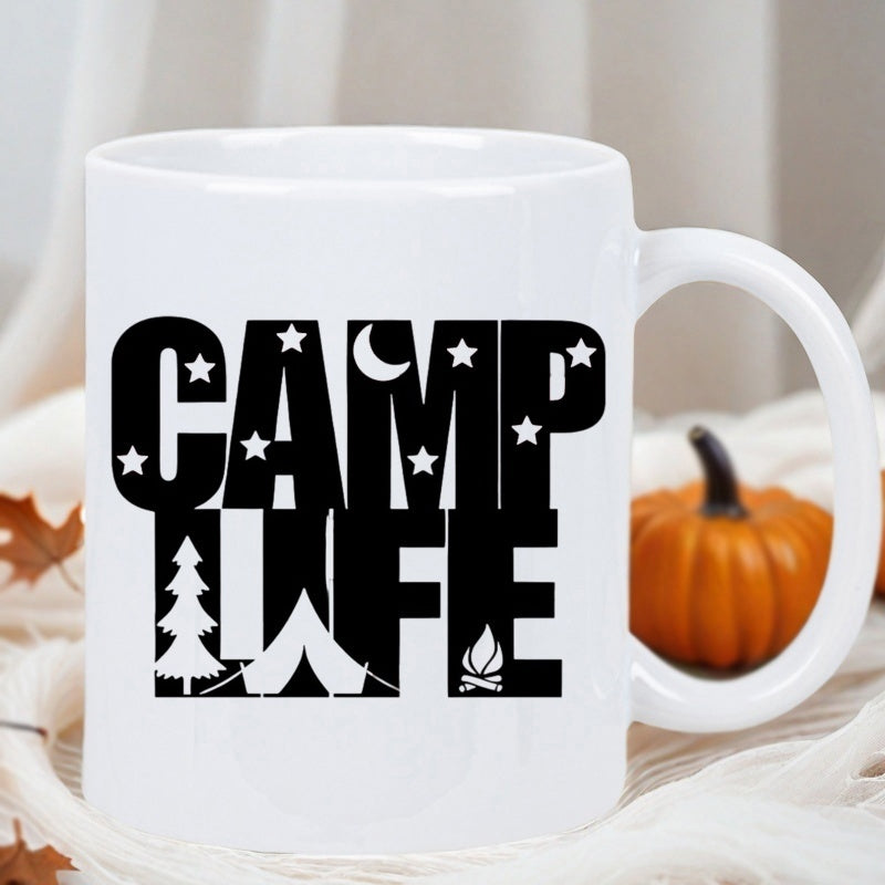Tailorly White Ceramic 11 oz Mug - Camp Life Serene Outdoor Forest Scene Featuring Pine Trees Under Twinkling Night Stars Tent