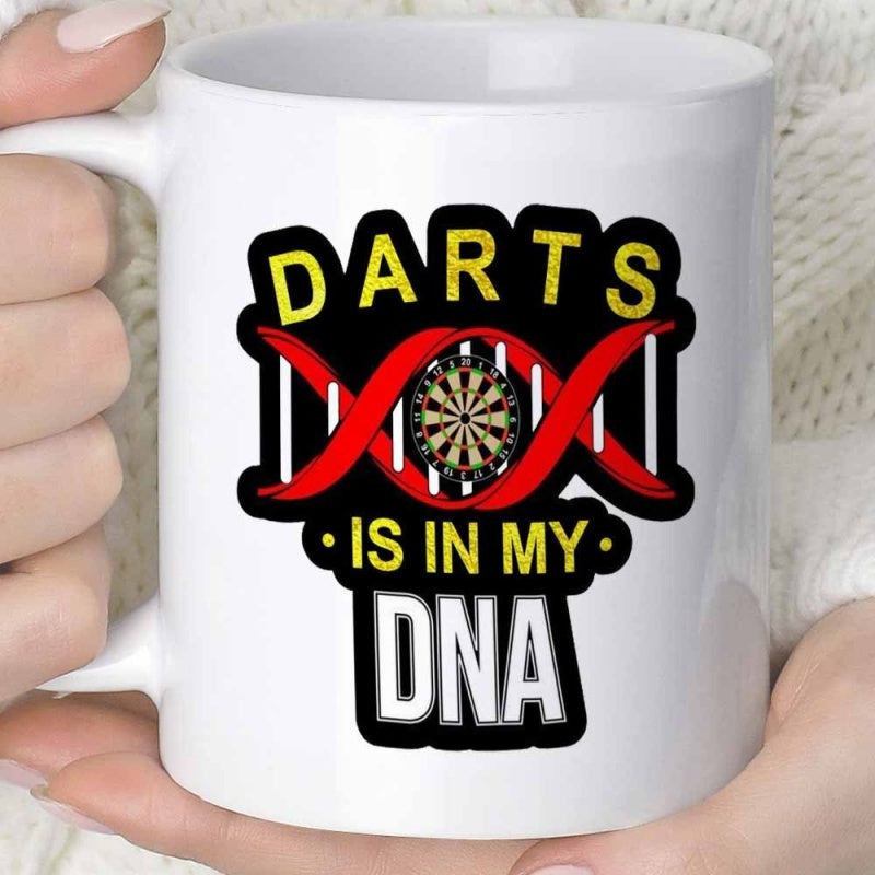 Tailorly White Ceramic 11 oz Mug - Darts Is In My DNA Double Helix Structure Wrapped Around A Centered Precision Circular Competition Dartboard