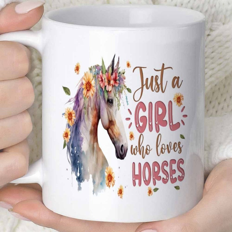Tailorly White Ceramic 11 oz Mug - Just A Girl Who Loves Horses Elegant Watercolor Artistic Profile With Vibrant Sunflowers And Floral Crown Horse