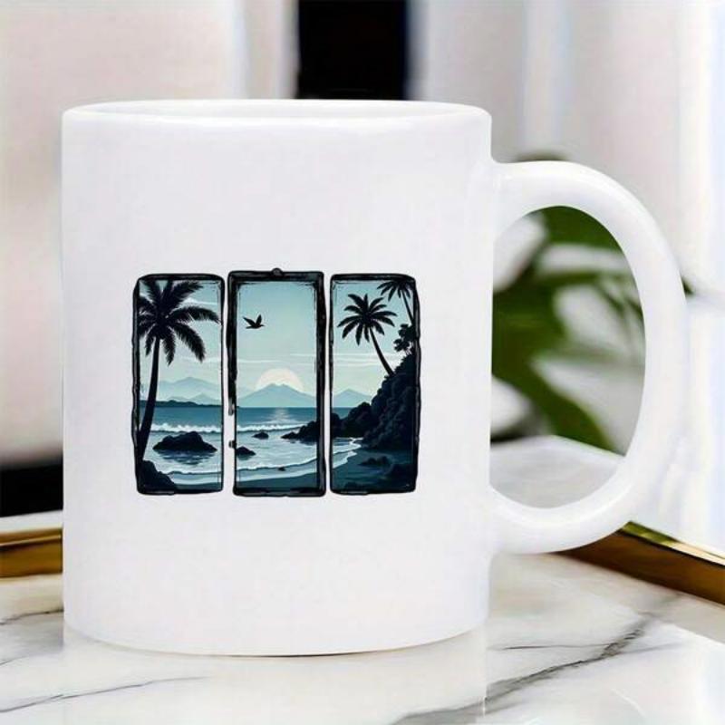 Tailorly White Ceramic 11 oz Mug - Vintage Tropical Beach Scene With Palm Trees And Mountains Across Three Panels Landscape