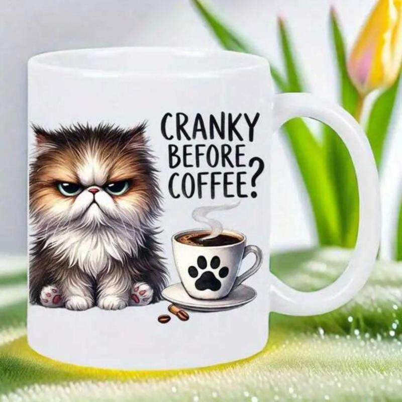 Tailorly White Ceramic 11 oz Mug - Cranky Before Coffee Grumpy Fluffy Long Haired Feline Beside Steaming Paw Coffee Cat