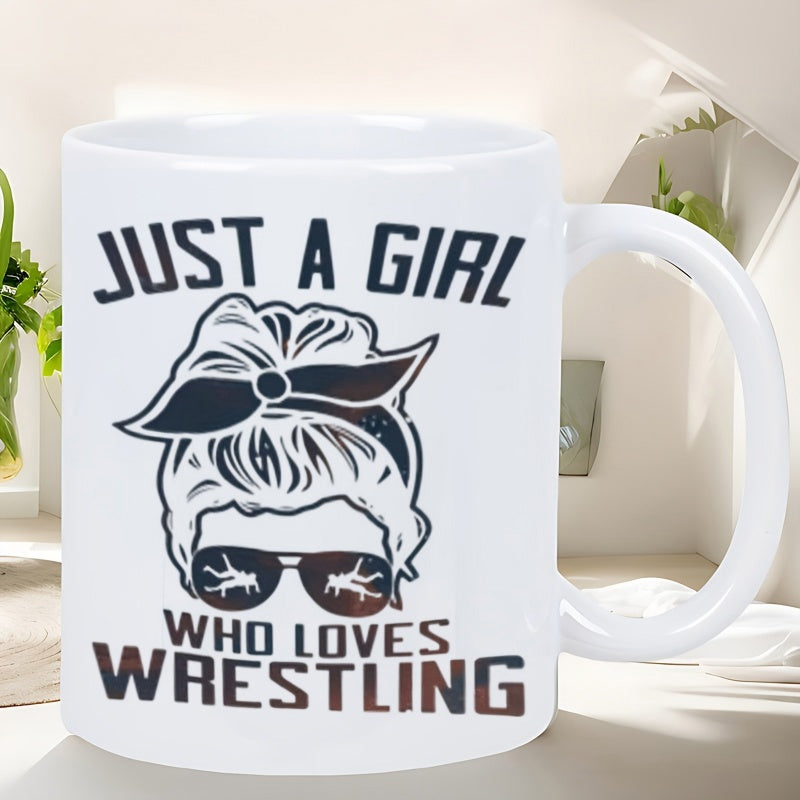 Tailorly White Ceramic 11 oz Mug - Just A Girl Who Loves Wrestling Artistic Silhouette Of Messy Bun Hair Featuring Bow And Wrestler Sunglasses Girl