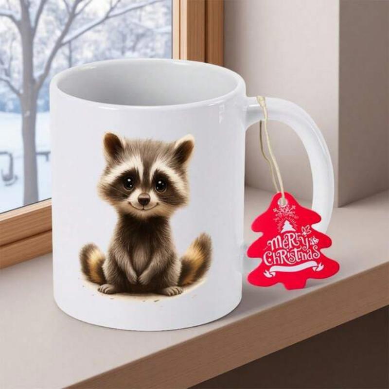Tailorly White Ceramic 11 oz Mug - Merry Christmas Adorable Fluffy Animal Sitting Peacefully With Large Dark Expressive Eyes Raccoon