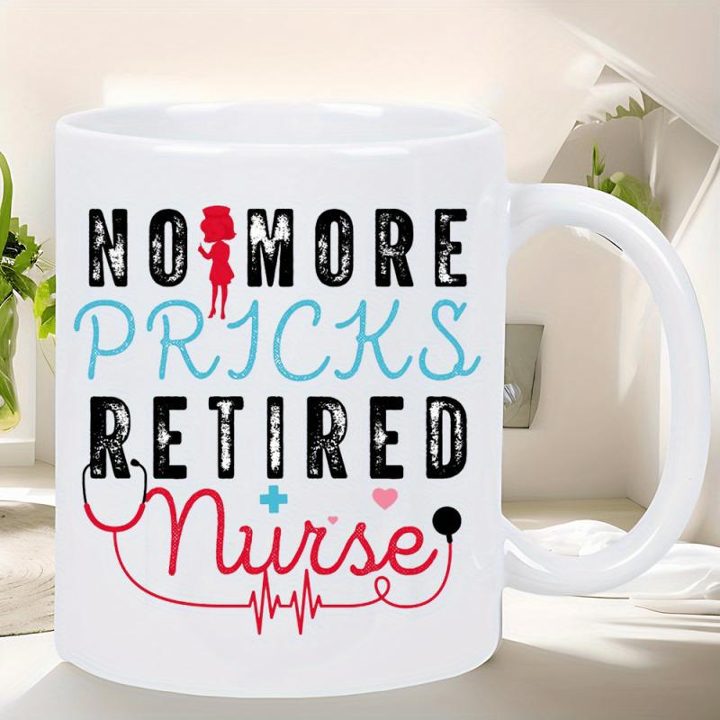 Tailorly White Ceramic 11 oz Mug - No More Pricks Retired Stylized Medical Silhouette With Stethoscope And Heartbeat Rhythm Line Nurse