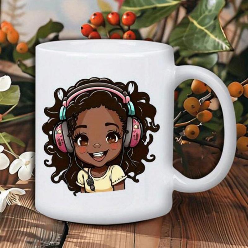 Tailorly White Ceramic 11 oz Mug - Cute Smiling Young Character With Curly Hair Wearing Pink Headsets Girl