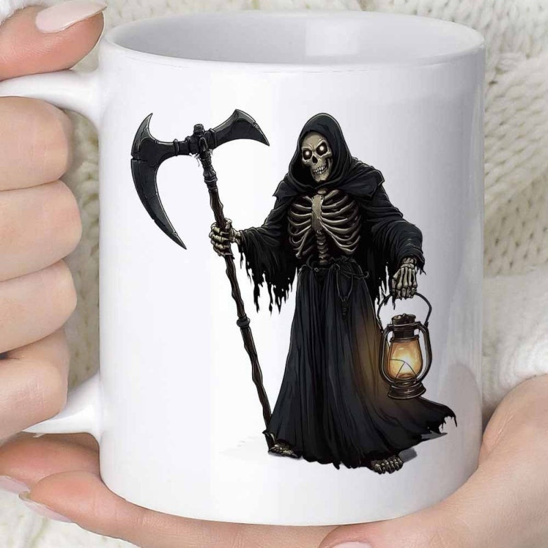 Tailorly White Ceramic 11 oz Mug - Dark Hooded Figure Holding A Sharp Scythe And Glowing Lantern Among Shadows Reaper