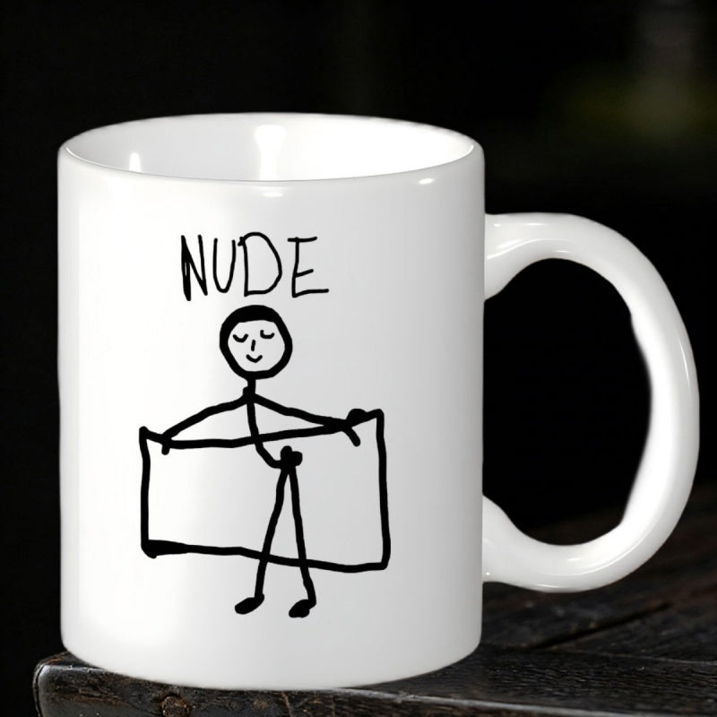 Tailorly White Ceramic 11 oz Mug - Nude Minimalist Black Line Drawing Holding A Rectangular Shape Humorous Stickman