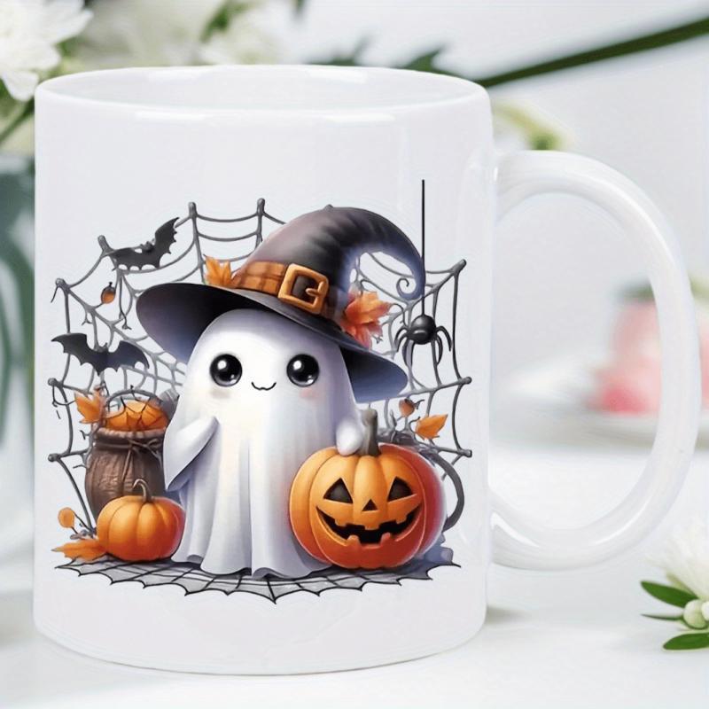 Tailorly White Ceramic 11 oz Mug - Adorable Little Character In Witch Hat Beside Glowing Jack O Lantern Pumpkin Ghost