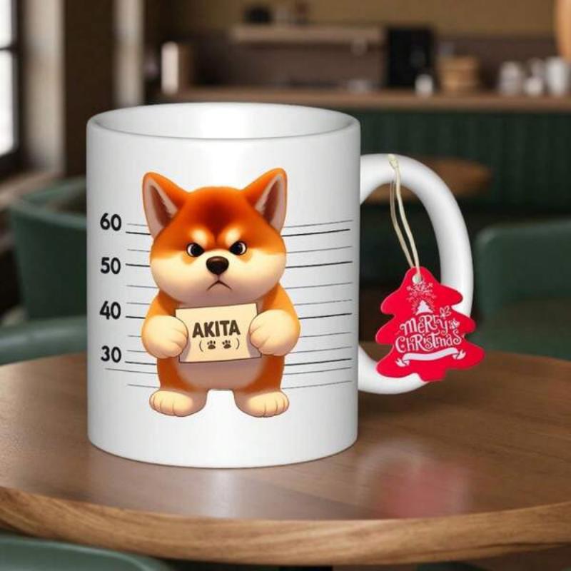Tailorly White Ceramic 11 oz Mug - Akita Merry Christmas Angry Little Shiba Inu Holding Identification Sign Standing In Mugshot Background Dog