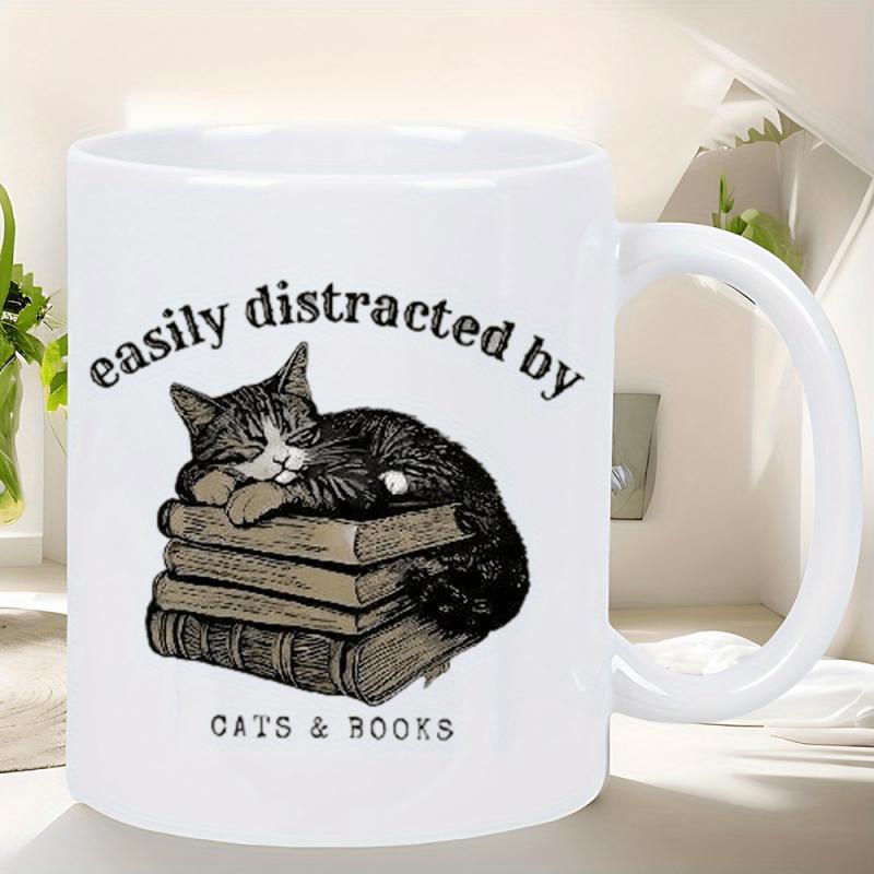 Tailorly White Ceramic 11 oz Mug - Easily Distracted By Cats Books Sleeping Tabby Resting On Top Of Old Vintage Cat