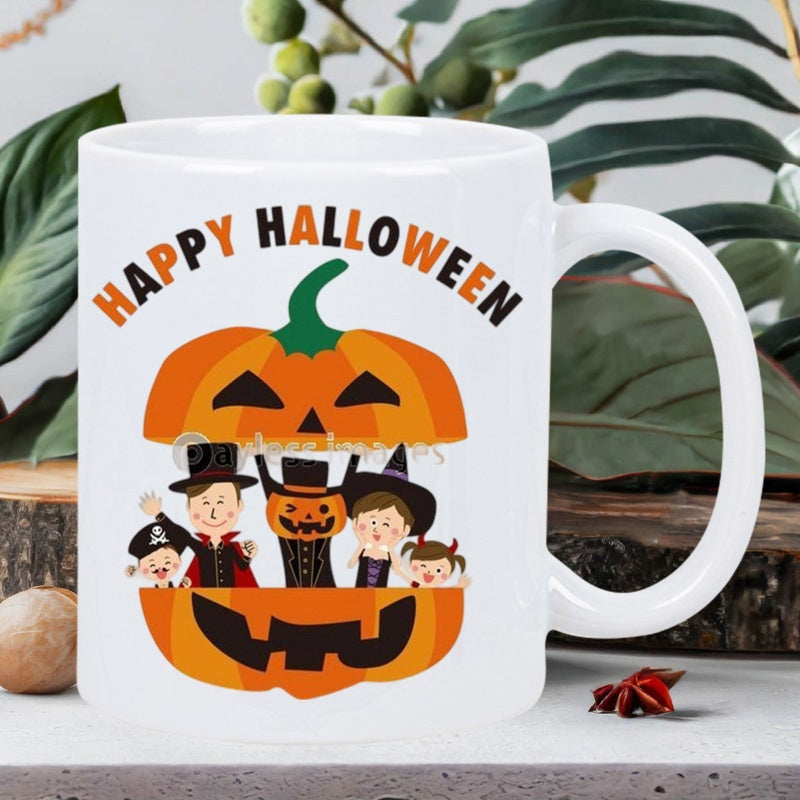 Tailorly White Ceramic 11 oz Mug - Happy Halloween Adorable Children Wearing Costumes Inside A Split Carved Jack O Lantern Pumpkin