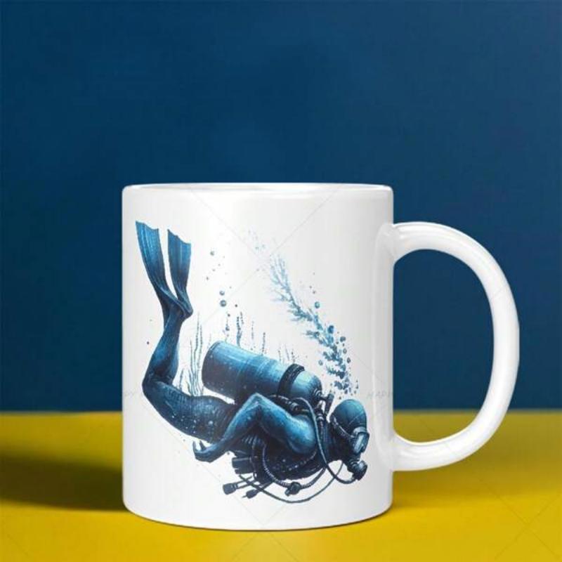 Tailorly White Ceramic 11 oz Mug - Realistic Deep Blue Underwater Scuba Scene With Bubbles And Coral Diver