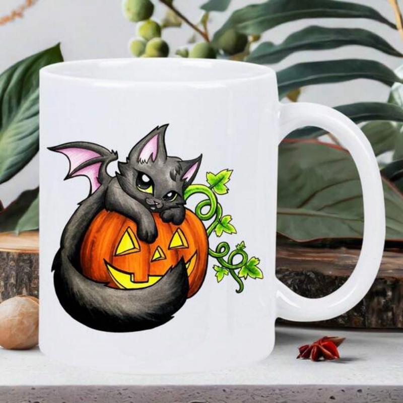 Tailorly White Ceramic 11 oz Mug - Adorable Bat Winged Black Kitten Resting On A Glowing Carved Halloween Pumpkin Cat