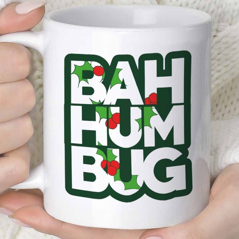 Tailorly White Ceramic 11 oz Mug - Bah Hum Bug Festive Green Holly Leaves With Red Berries In Bold Block Mug