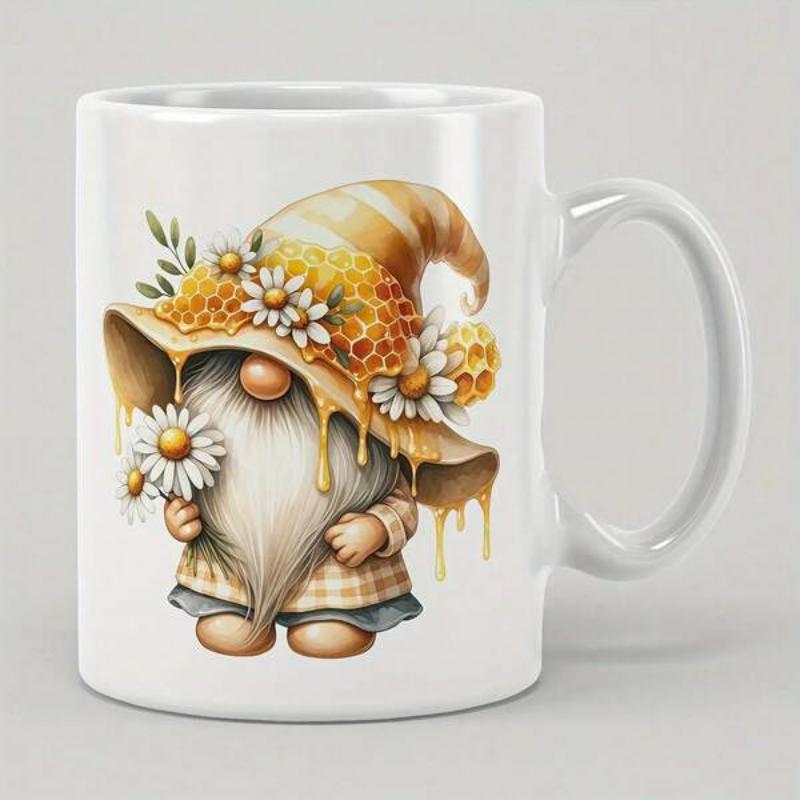 Tailorly White Ceramic 11 oz Mug - Whimsical Garden Gnome Wearing Honey Dripping Hat Decorated With Daisy Flowers Gnome