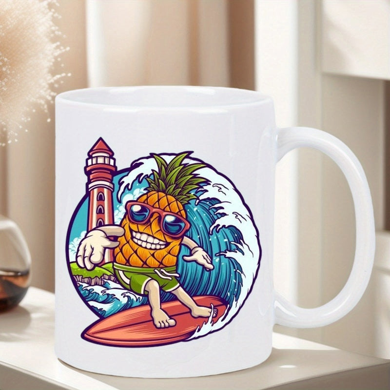 Tailorly White Ceramic 11 oz Mug - Cartoon Pineapple Surfing On Red Board With Ocean Waves And Lighthouse Pineapple