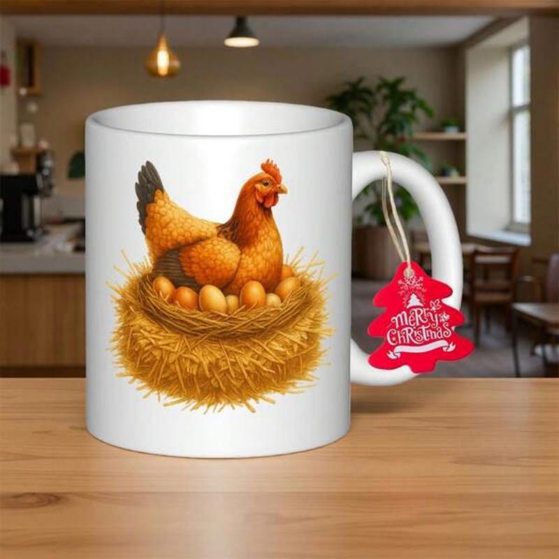 Tailorly White Ceramic 11 oz Mug - Merry Christmas Rustic Farmhouse Style Brown Hen Sitting In Straw Nest Hen