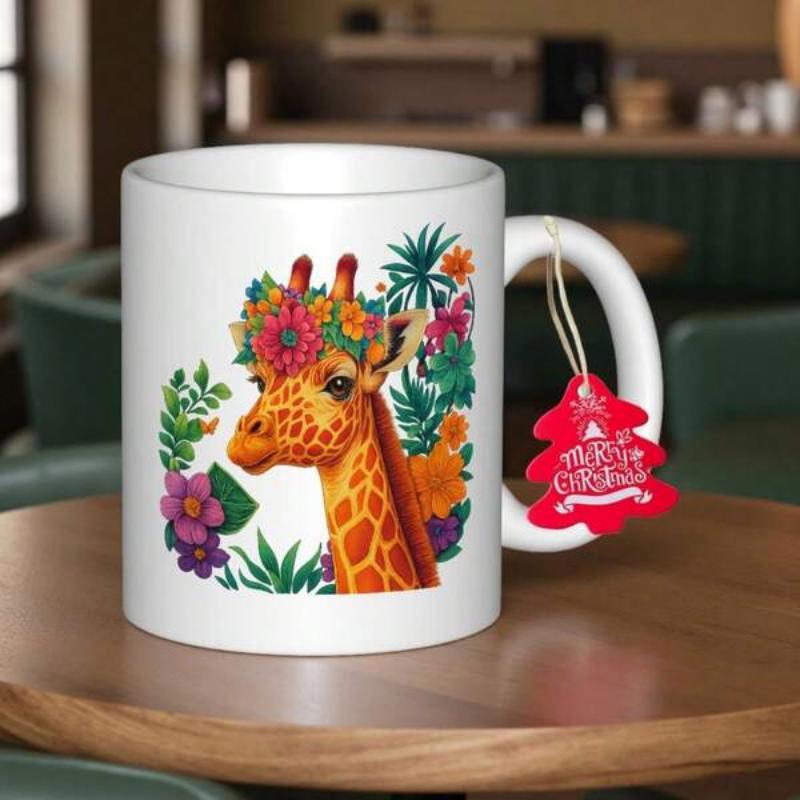 Tailorly White Ceramic 11 oz Mug - Vibrant Tropical Wildlife Wearing Colorful Floral Crown Among Lush Summer Greenery Giraffe