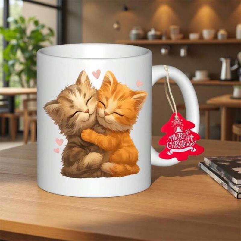 Tailorly White Ceramic 11 oz Mug - Merry Christmas Two Adorable Fluffy Felines Embracing Among Soft Pink Hearts Kittens
